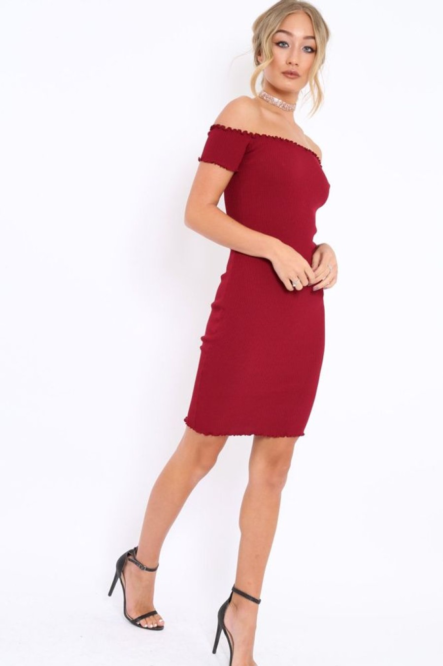 Clothing Rebellious Fashion | Wine Ribbed Frill Hem Bardot Bodycon Dress - Kamille