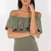 Clothing Rebellious Fashion | Khaki Bardot Frill Layer Bodysuit - Olga