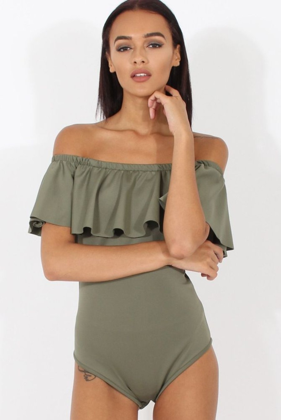 Clothing Rebellious Fashion | Khaki Bardot Frill Layer Bodysuit - Olga