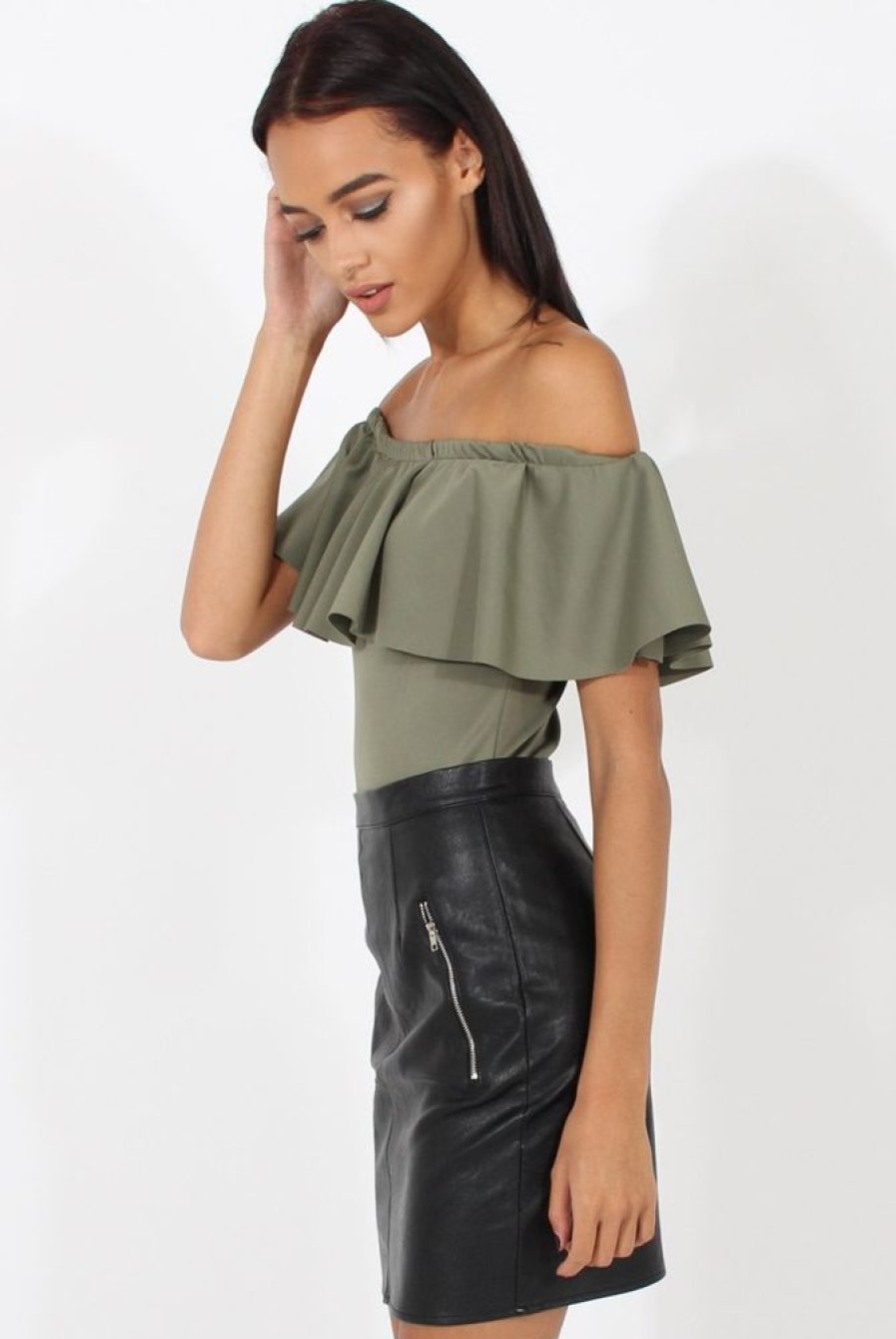 Clothing Rebellious Fashion | Khaki Bardot Frill Layer Bodysuit - Olga