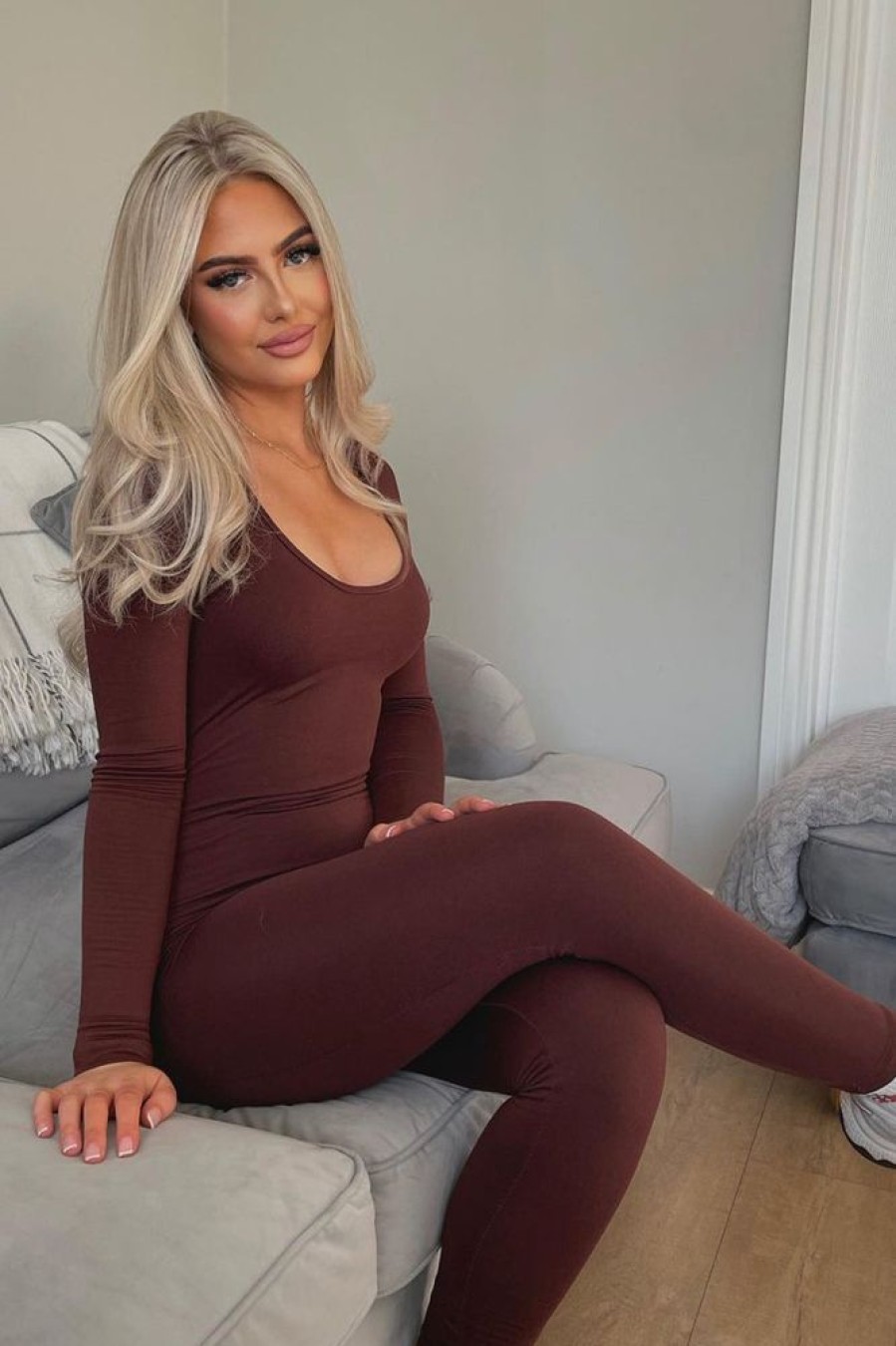 Clothing Rebellious Fashion | Brown Contour Long Sleeve Jumpsuit - Luana