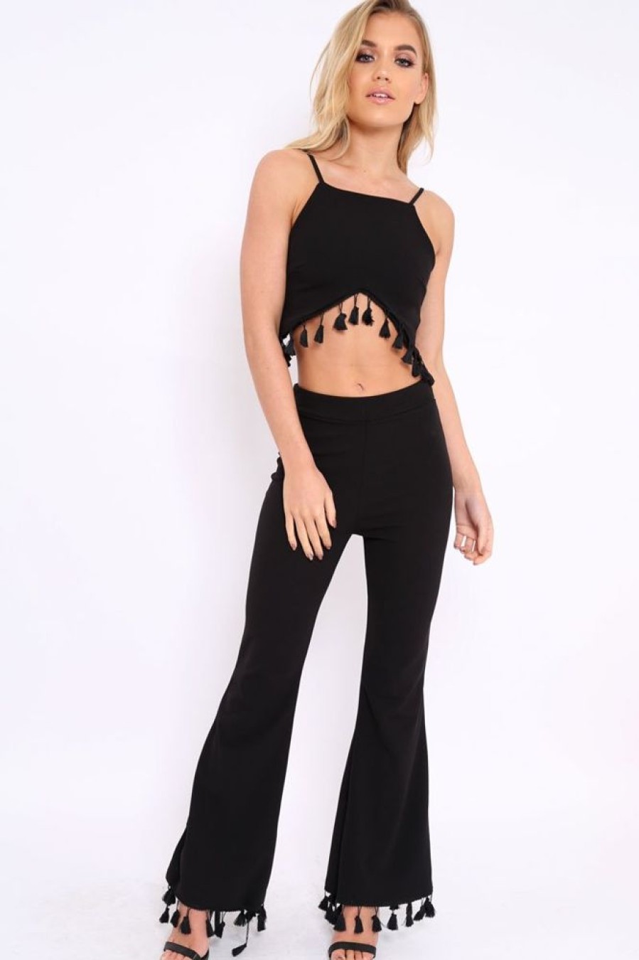 Clothing Rebellious Fashion | Black Tassel Hem Co-Ord Set - Kaylyn