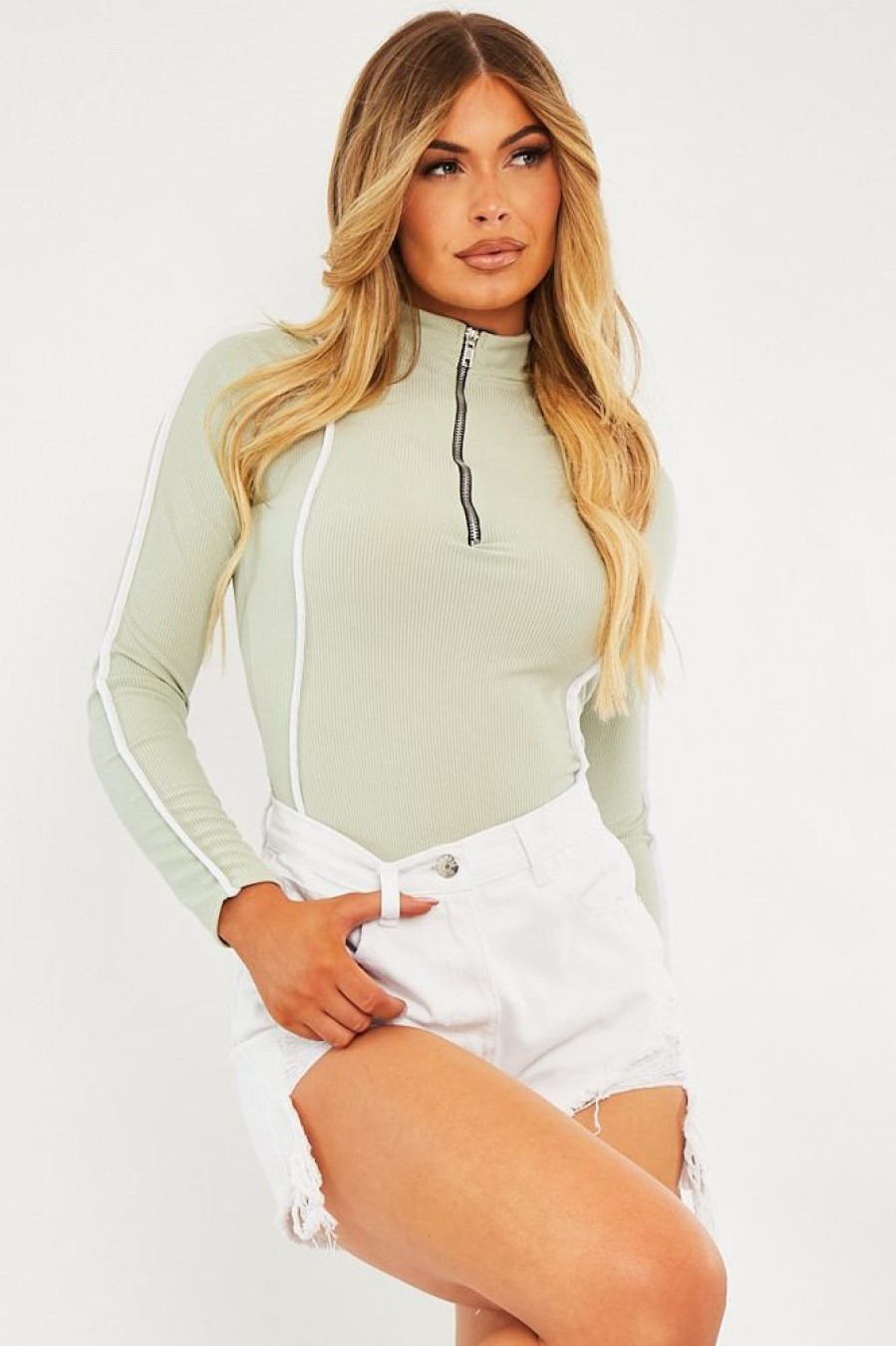 Clothing Rebellious Fashion | Sage Contrast Piping Zip Front Bodysuit - Betsy