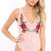 Clothing Rebellious Fashion | Nude Mesh Floral Embroidered Plunge Bodysuit - Elenore