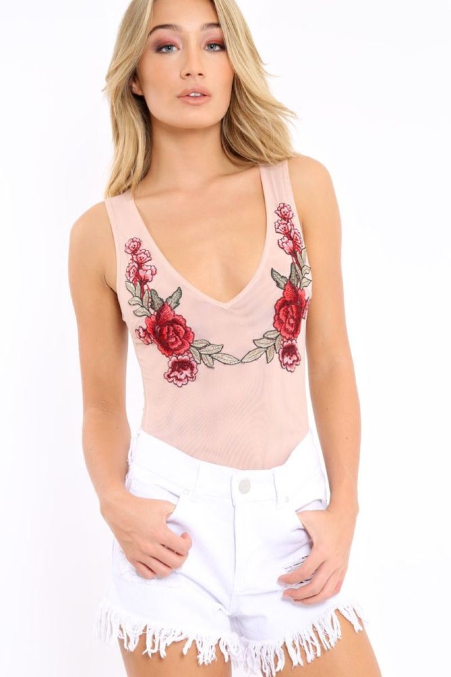 Clothing Rebellious Fashion | Nude Mesh Floral Embroidered Plunge Bodysuit - Elenore