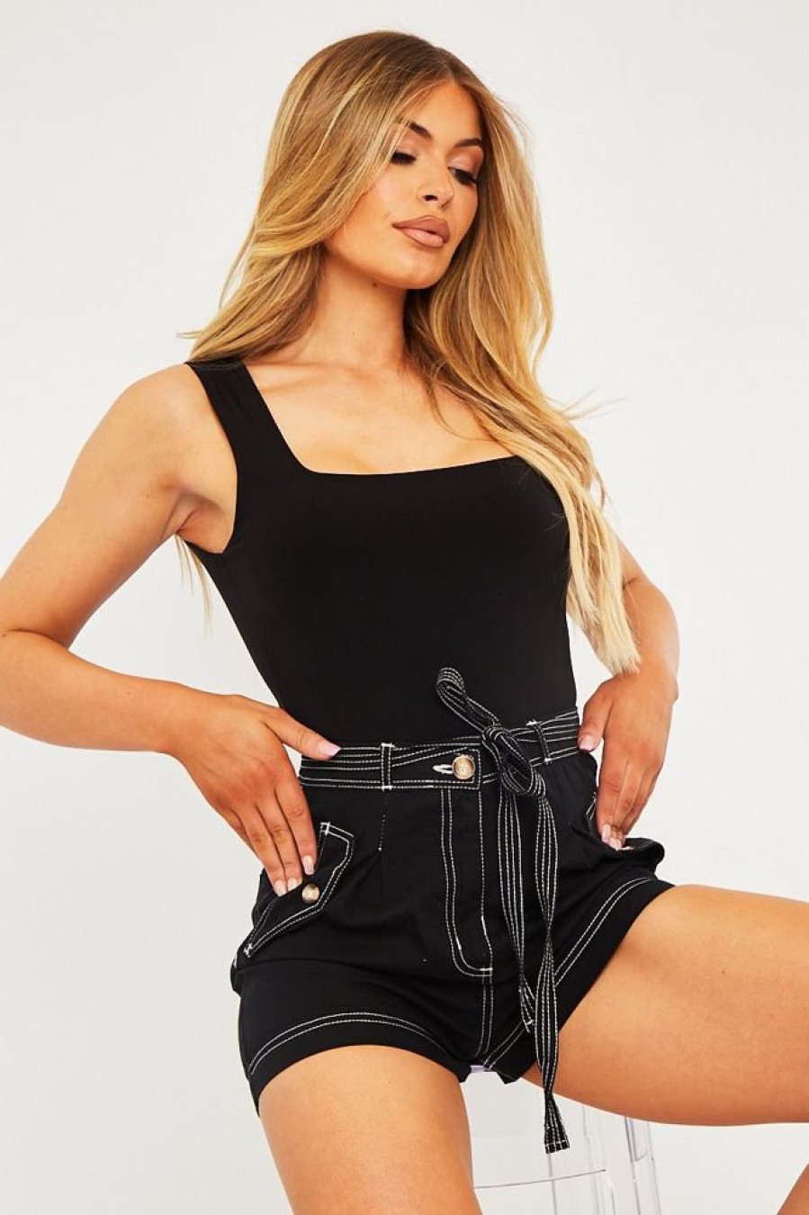 Clothing Rebellious Fashion | Black Contrast Stitch Belted Shorts - Michella