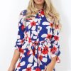 Clothing Rebellious Fashion | Fraul Blue And White Floral Print Shirt Dress