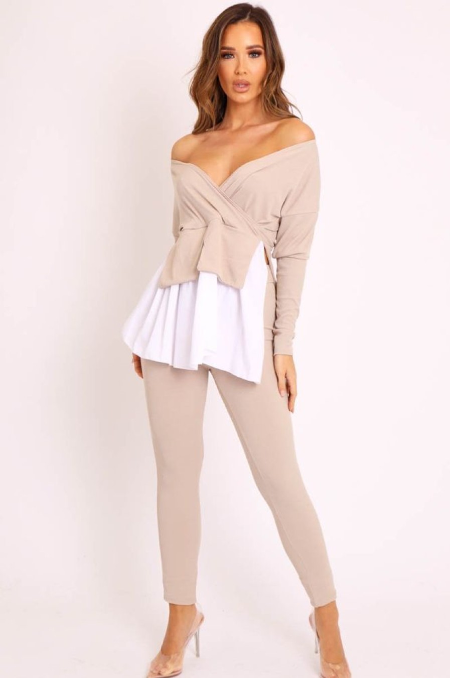 Clothing Rebellious Fashion | Beige Plunge Shirt Insert Top Legging Co-Ord - Destine