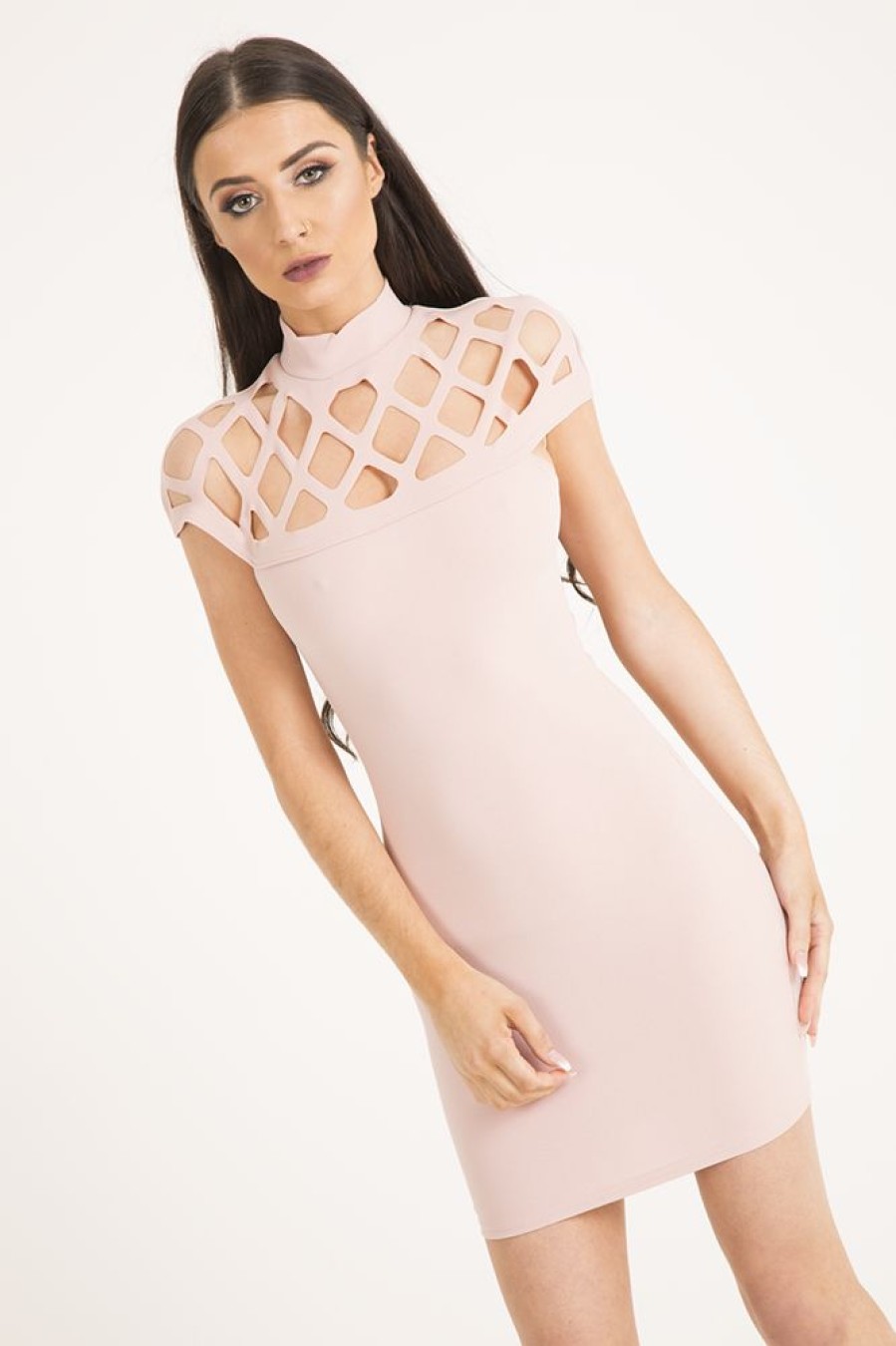 Clothing Rebellious Fashion | Blush Cage High Neck Bodycon Dress - Kade