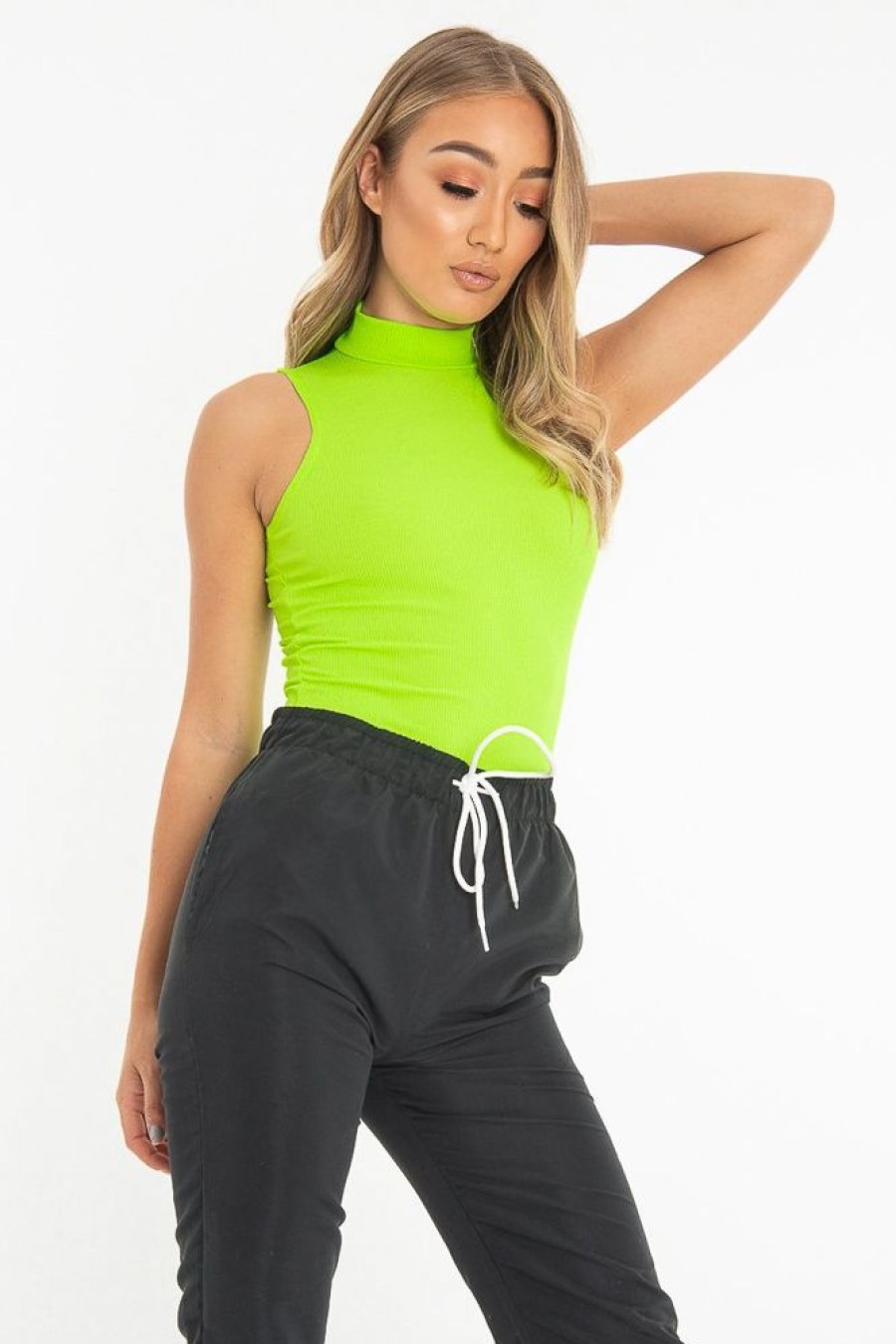 Clothing Rebellious Fashion | Neon Green Rib High Neck Cut Out Back Bodysuit - Leara