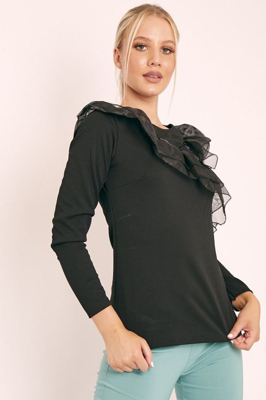 Clothing Rebellious Fashion | Black Mesh Ruffle Front Long Sleeve Top - Kristen