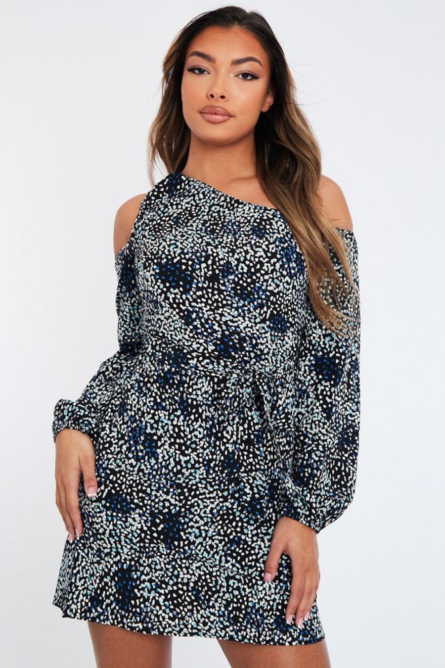 Clothing Rebellious Fashion | Black Blue Leopard Print Asymmetric Tie Waist Mini Dress - Vera