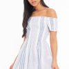 Clothing Rebellious Fashion | White Blue Stripe Shirred Bardot Woven Mini Dress - Artemis