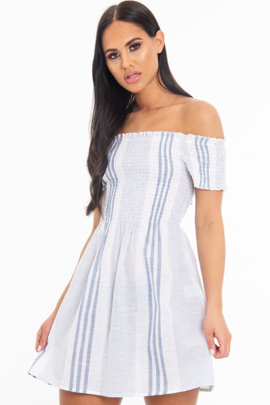 Clothing Rebellious Fashion | White Blue Stripe Shirred Bardot Woven Mini Dress - Artemis