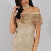 Clothing Rebellious Fashion | Cream And Gold Lace Frill Bardot Choker Dress - Jolie