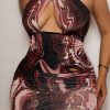 Clothing Rebellious Fashion | Brown Marble Print Halter Neck Ruched Slinky Mini Dress - Mabell