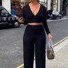 Clothing Rebellious Fashion | Black Wide Leg Ribbed Plunge Neck Co-Ord - Brooke