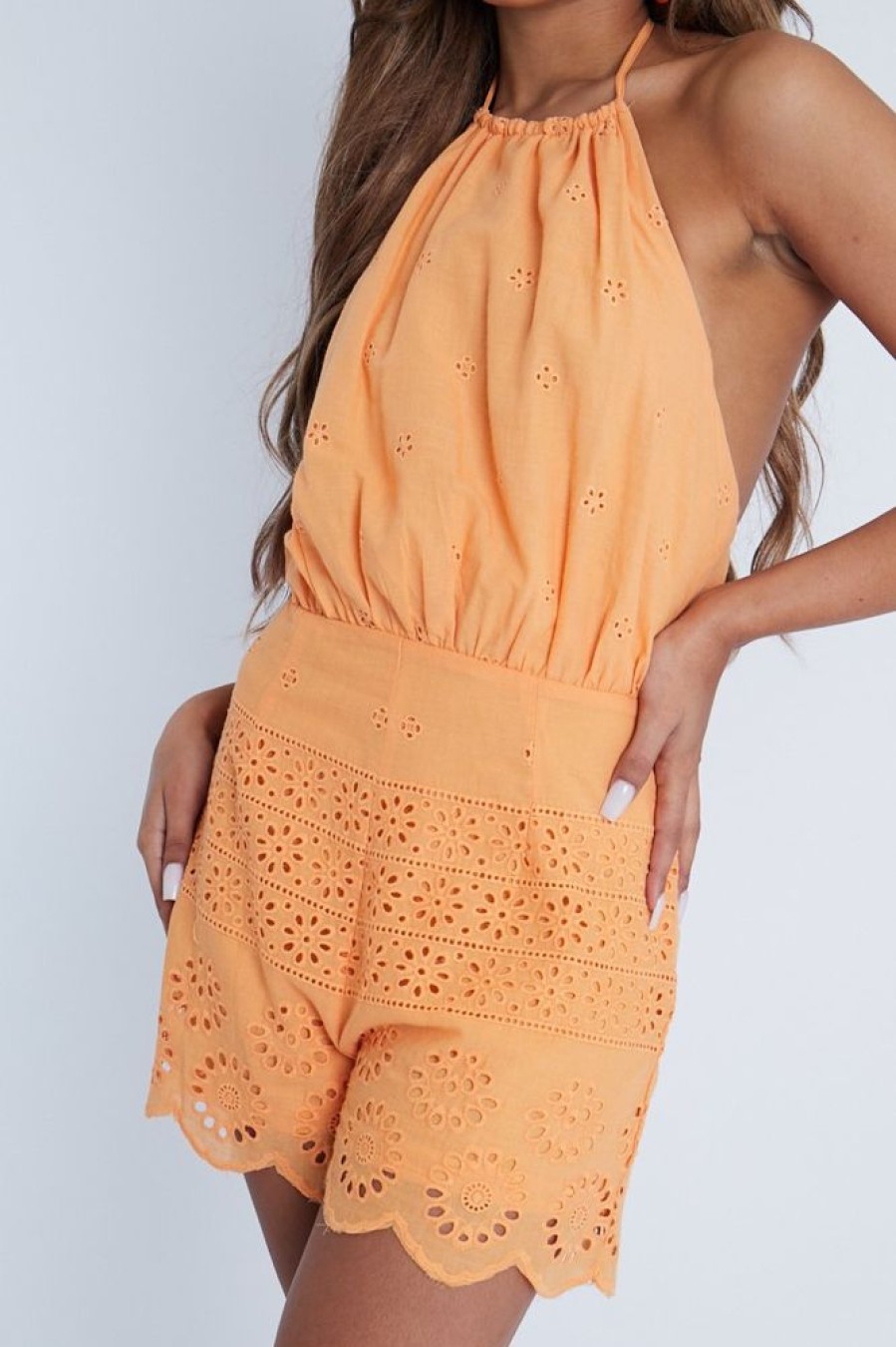 Clothing Rebellious Fashion | Orange Broderie Anglaise Halter Neck Backless Playsuit - Dalya