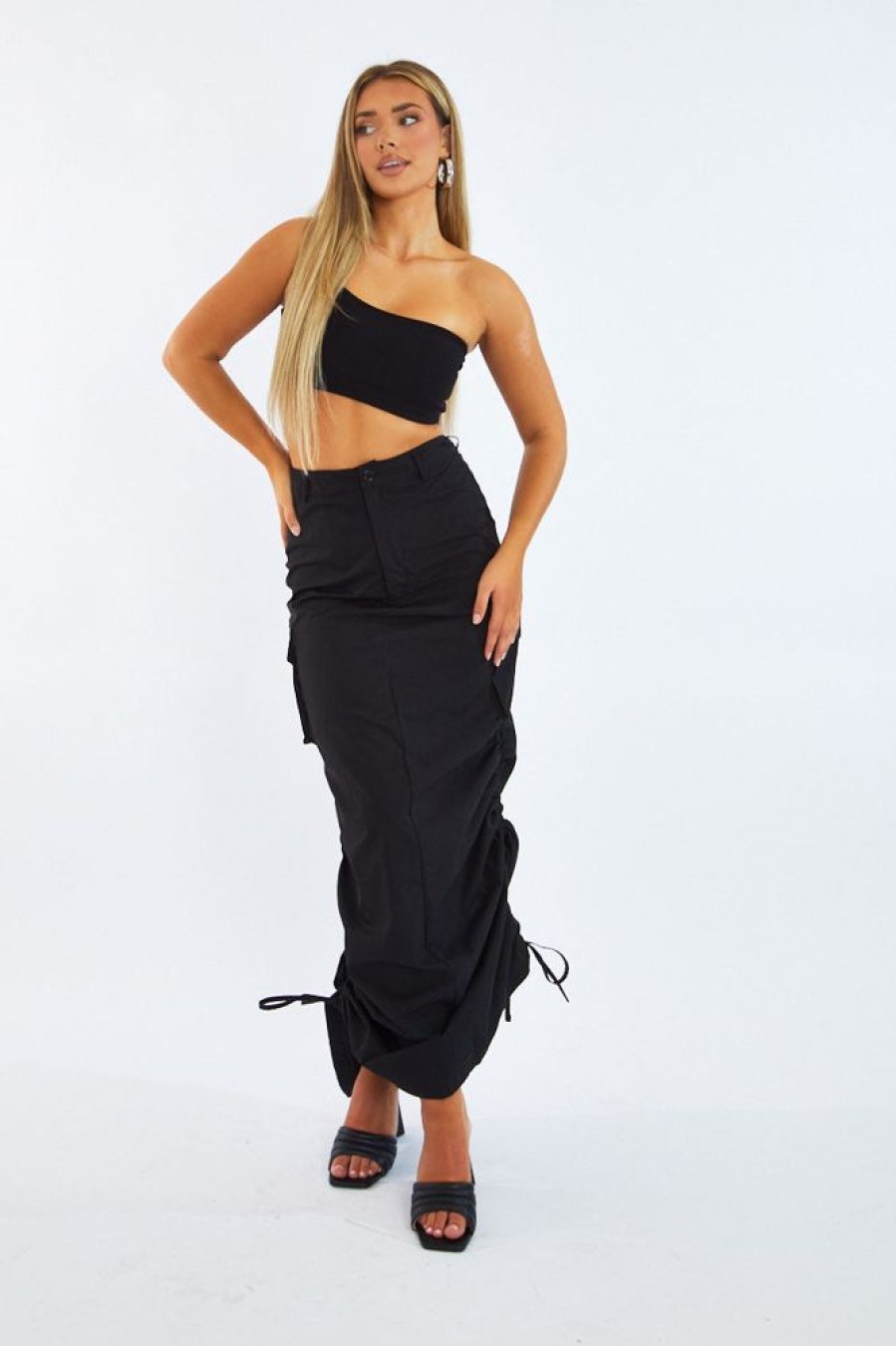 Clothing Rebellious Fashion | Black Cargo Side Ruched Maxi Skirt - Nikita