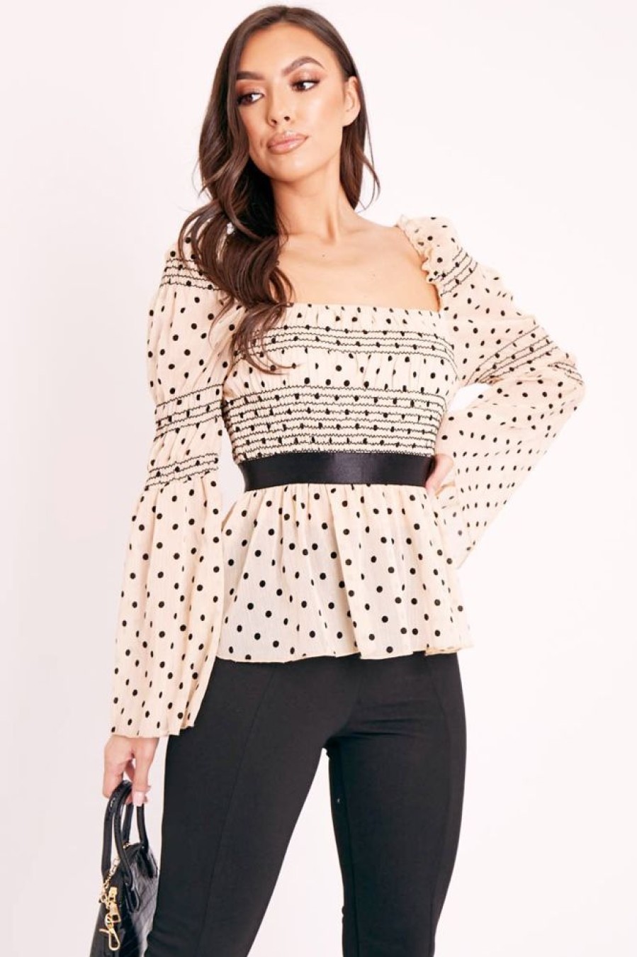 Clothing Rebellious Fashion | Nude Polka Mesh Shirred Fabric Top - Evarose