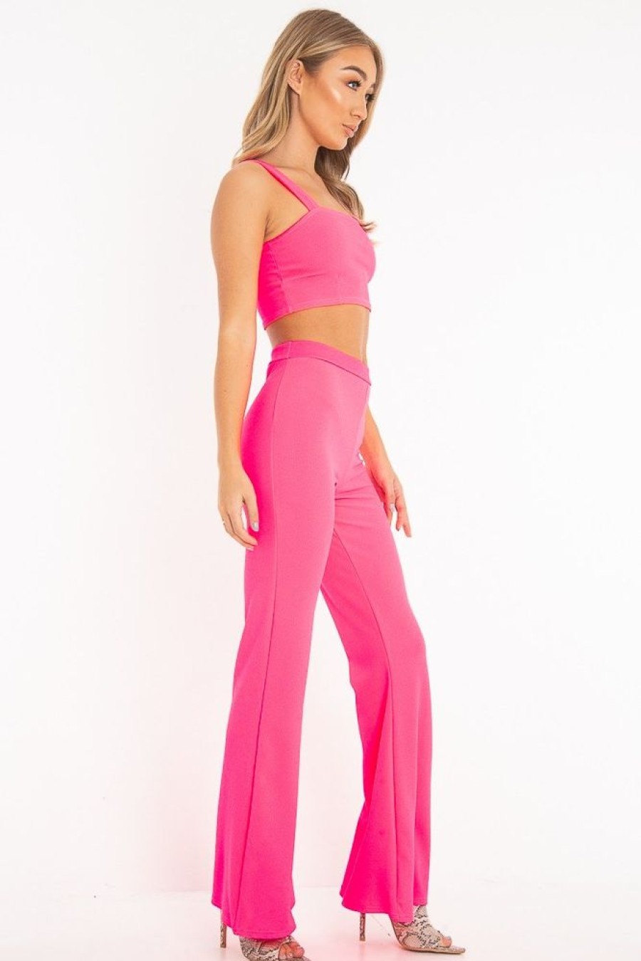 Clothing Rebellious Fashion | Neon Pink Crop Top And Trousers Co-Ord Set - Kimmy