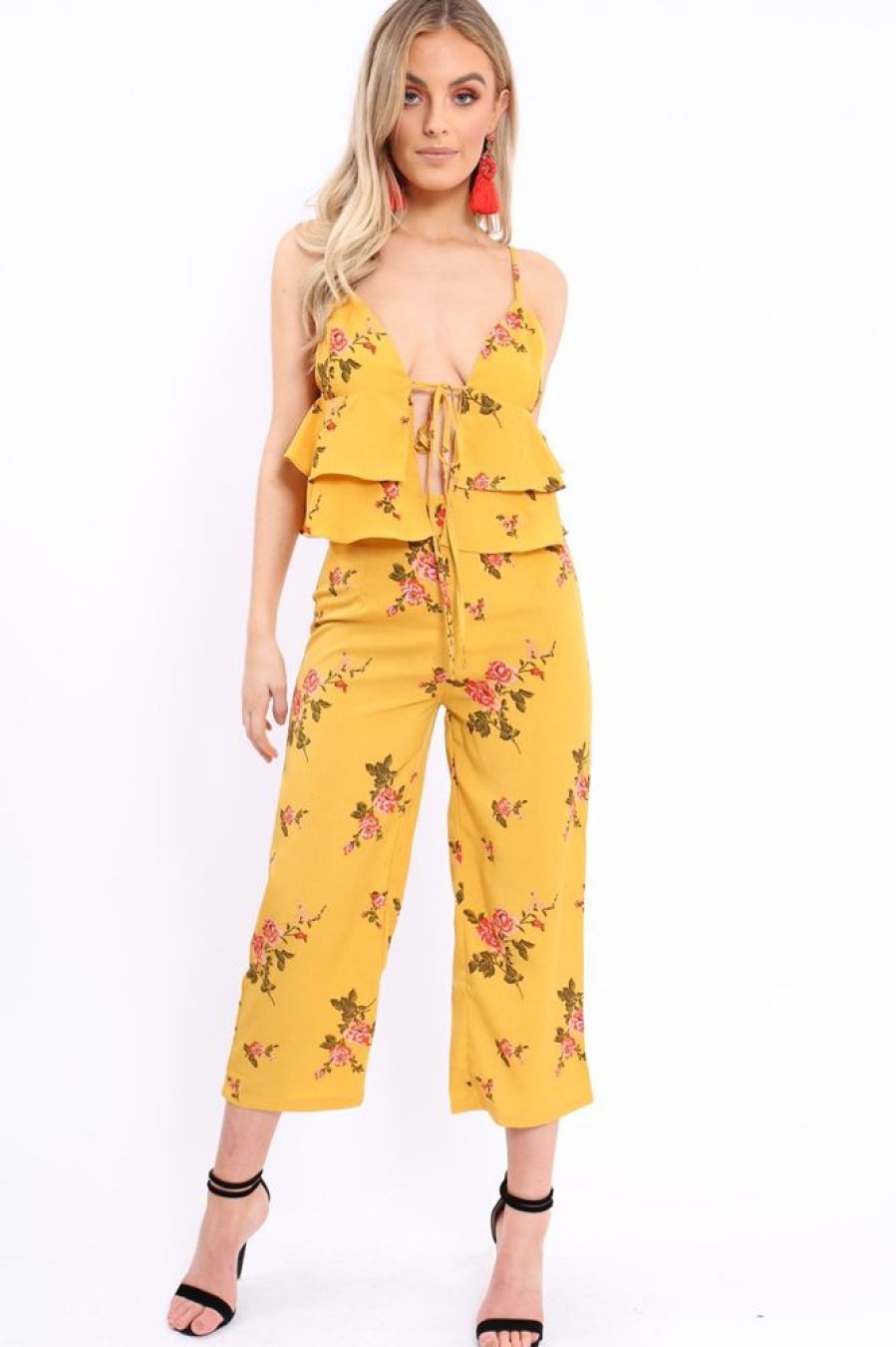 Clothing Rebellious Fashion | Mustard Floral Bralet And Cropped Pants Co-Ord - Faria