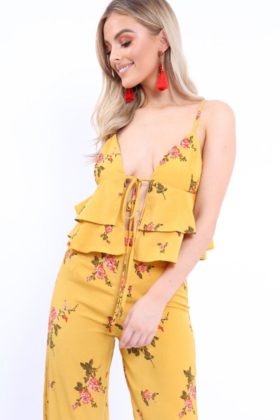 Clothing Rebellious Fashion | Mustard Floral Bralet And Cropped Pants Co-Ord - Faria