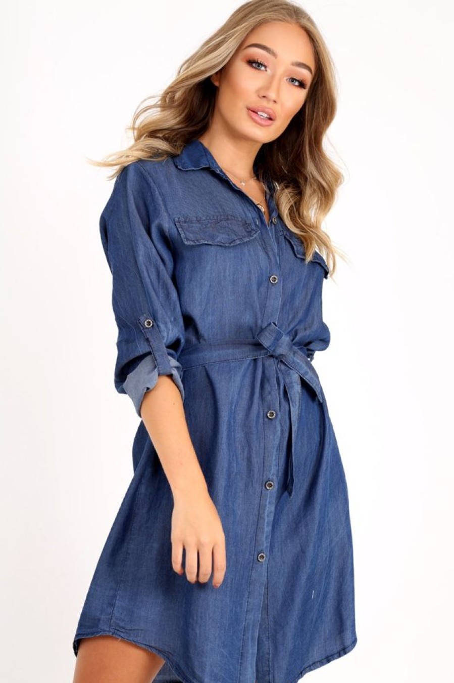 Clothing Rebellious Fashion | Denim Button Down Tie Waist Shirt Dress - Delores