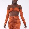 Clothing Rebellious Fashion | Rust Bardot Satin Crop Top - Alana