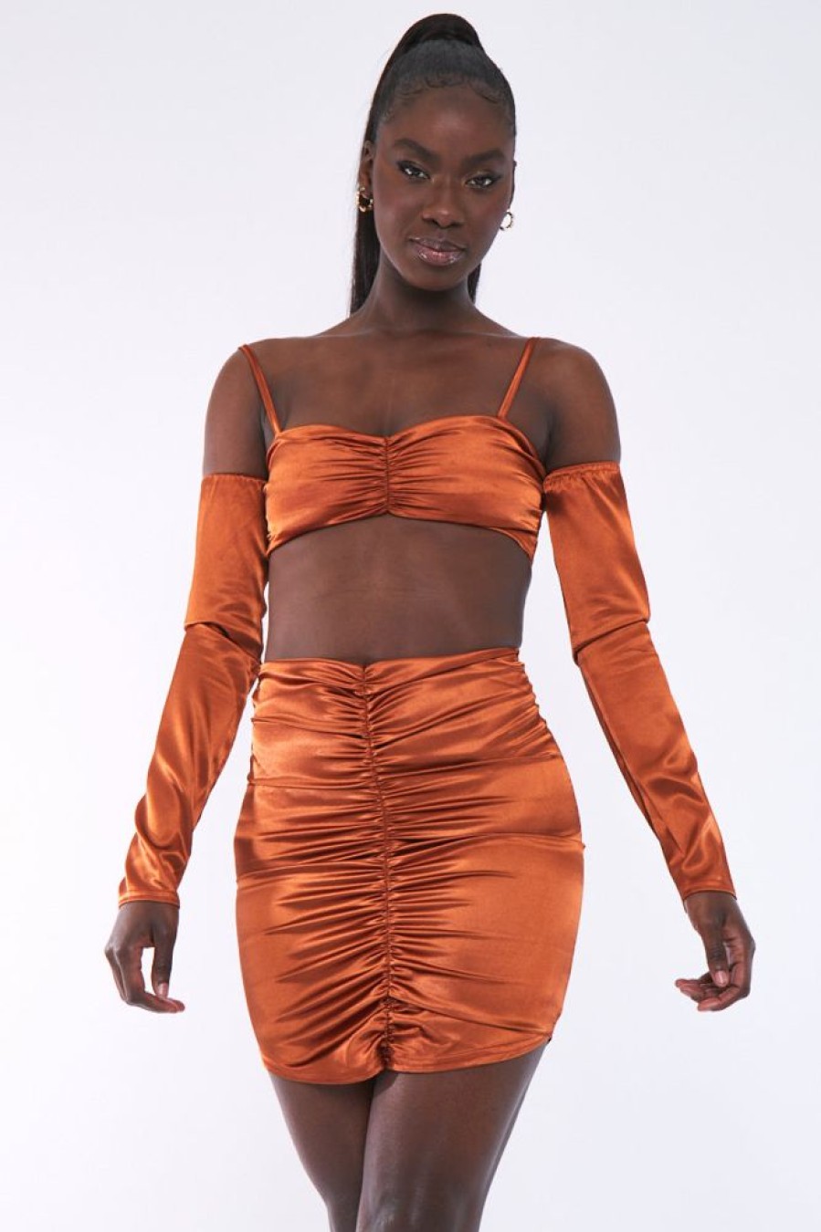 Clothing Rebellious Fashion | Rust Bardot Satin Crop Top - Alana