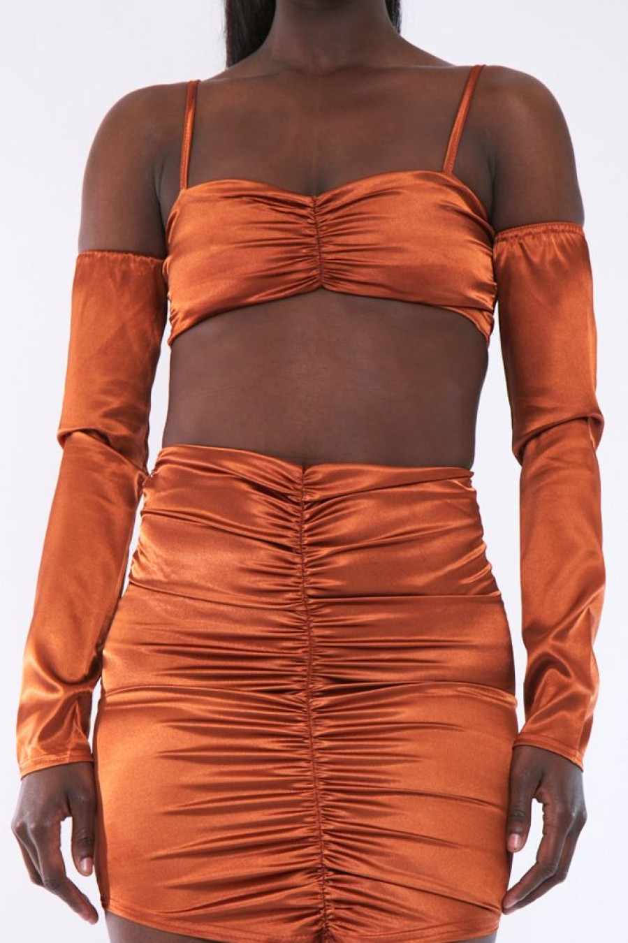 Clothing Rebellious Fashion | Rust Bardot Satin Crop Top - Alana