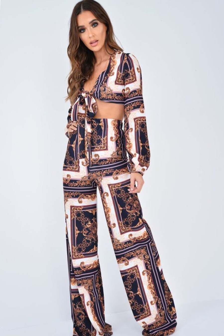 Clothing Rebellious Fashion | Black Scarf Print Wide Leg Crop Blouse Co-Ord - Freyah