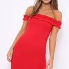 Clothing Rebellious Fashion | Red Ruffle Bardot Bodycon Dress - Mollie