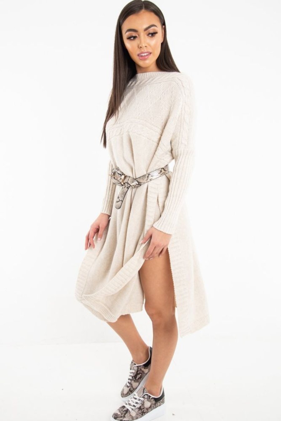 Clothing Rebellious Fashion | Cream Cable Knit Side Split Jumper Dress - Maniya