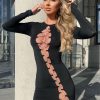 Clothing Rebellious Fashion | Black Lace Up Detail Long Sleeve Bodycon Mini Dress - Renho