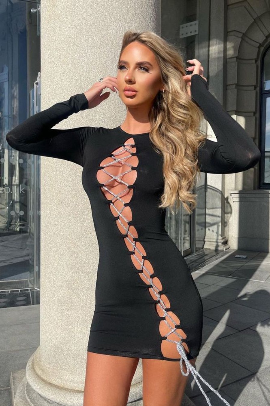 Clothing Rebellious Fashion | Black Lace Up Detail Long Sleeve Bodycon Mini Dress - Renho