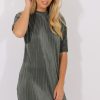 Clothing Rebellious Fashion | Khaki Metallic Pleated Short Sleeve Midi Dress - Kitty