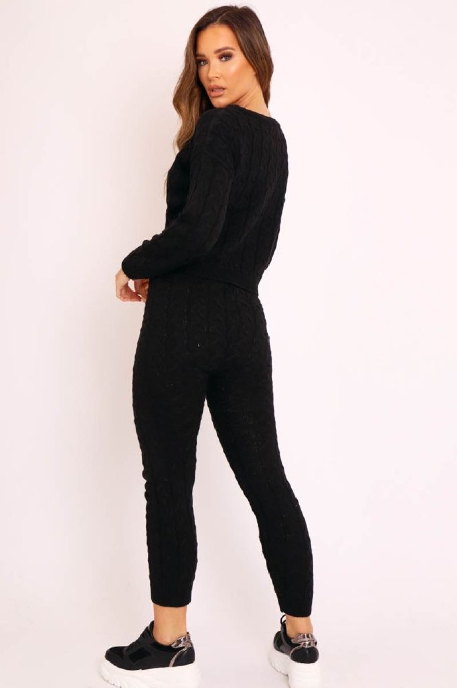 Clothing Rebellious Fashion | Black Cable Knit Sweater And Leggings Loungewear Co-Ord - Ionia