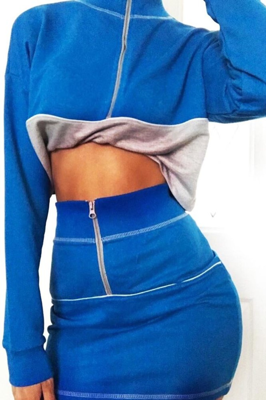 Clothing Rebellious Fashion | Blue Grey Cropped Zip Jumper Skirt Co-Ord - Hestia