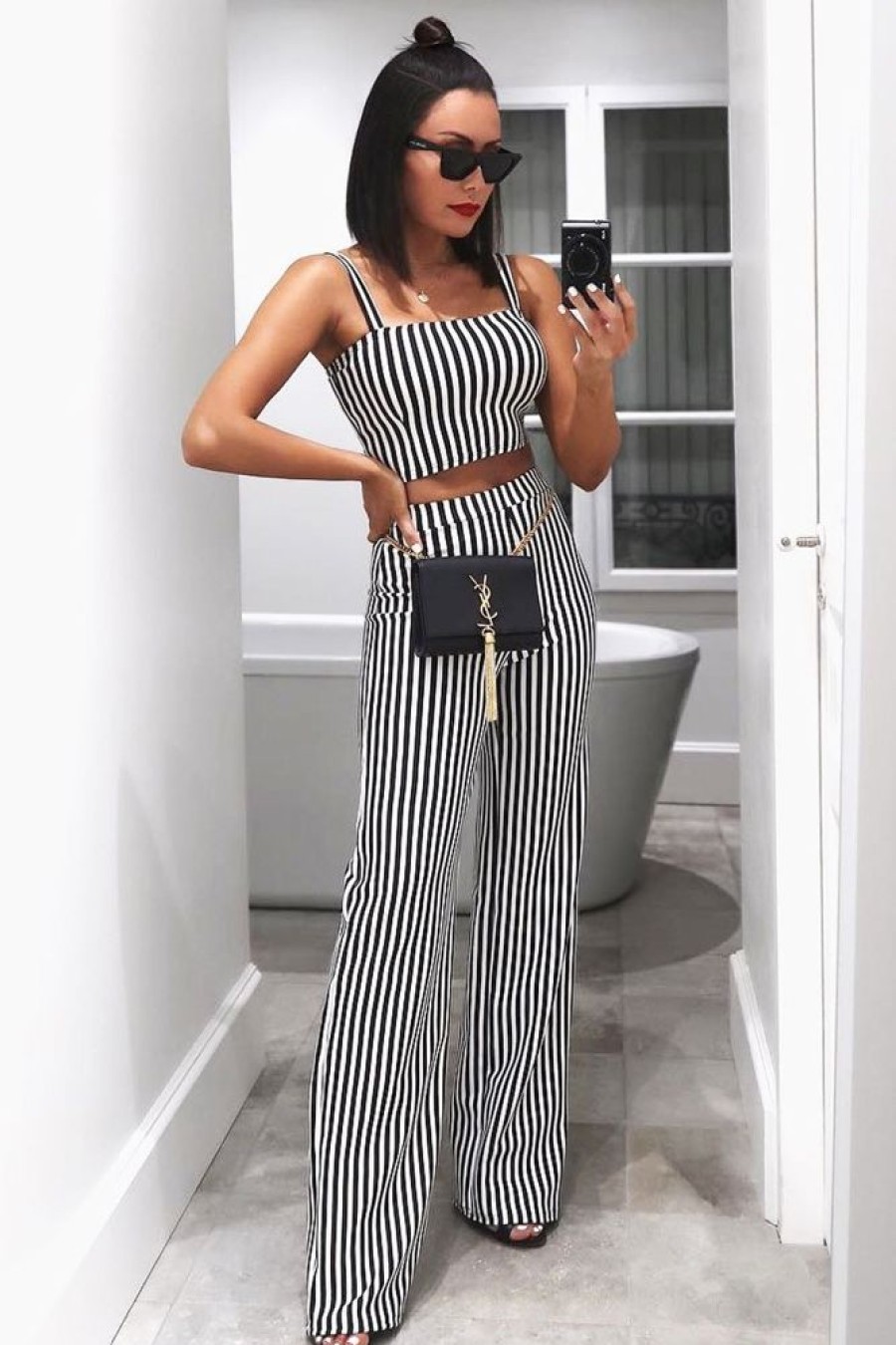 Clothing Rebellious Fashion | Black And White Stripe Crop Top And Trousers Co-Ord Set - Kimmy