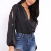 Clothing Rebellious Fashion | Black Plunge Satin Bodysuit With Split Sleeves - Pema