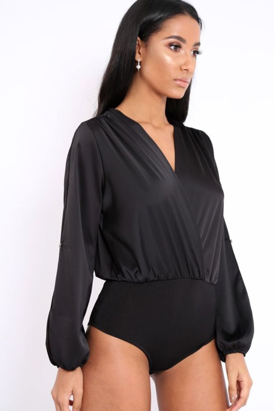 Clothing Rebellious Fashion | Black Plunge Satin Bodysuit With Split Sleeves - Pema