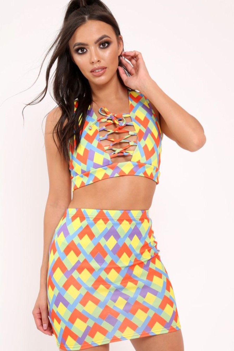 Clothing Rebellious Fashion | Multi Aztec Print Lace Up Crop Top And Mini Skirt Co-Ord - Mabrey