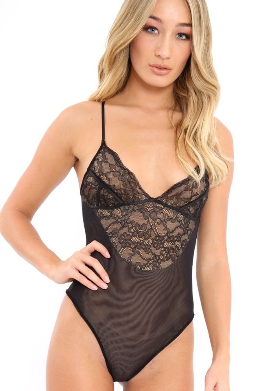 Clothing Rebellious Fashion | Black & Nude Lace Plunge Bodysuit - Charlotte