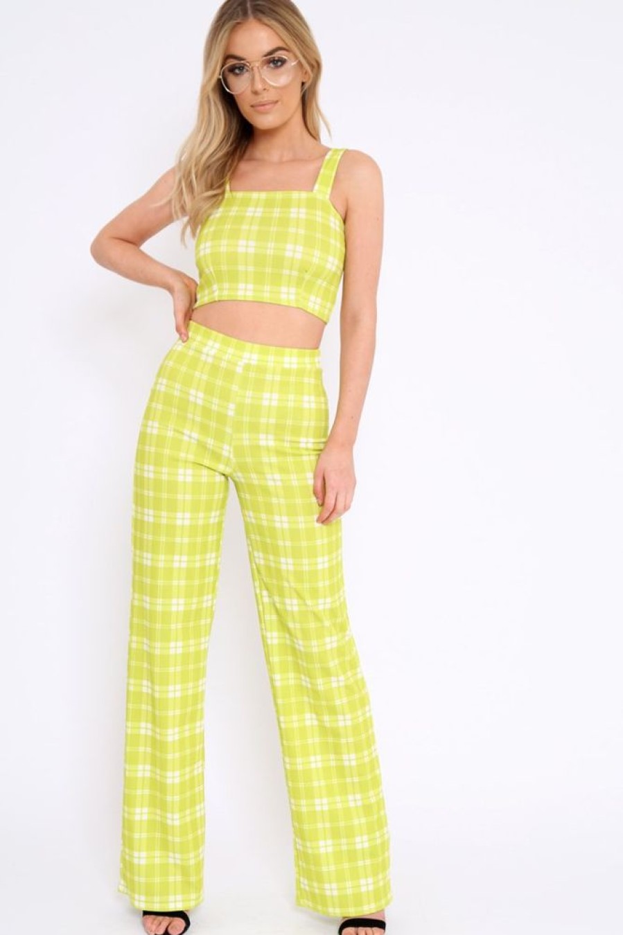 Clothing Rebellious Fashion | Green Checked Crop Top And Trousers Co-Ord Set - Kimmy