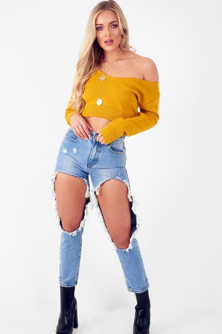 Clothing Rebellious Fashion | Mustard Crop V Neck Knit Jumper - Rozella