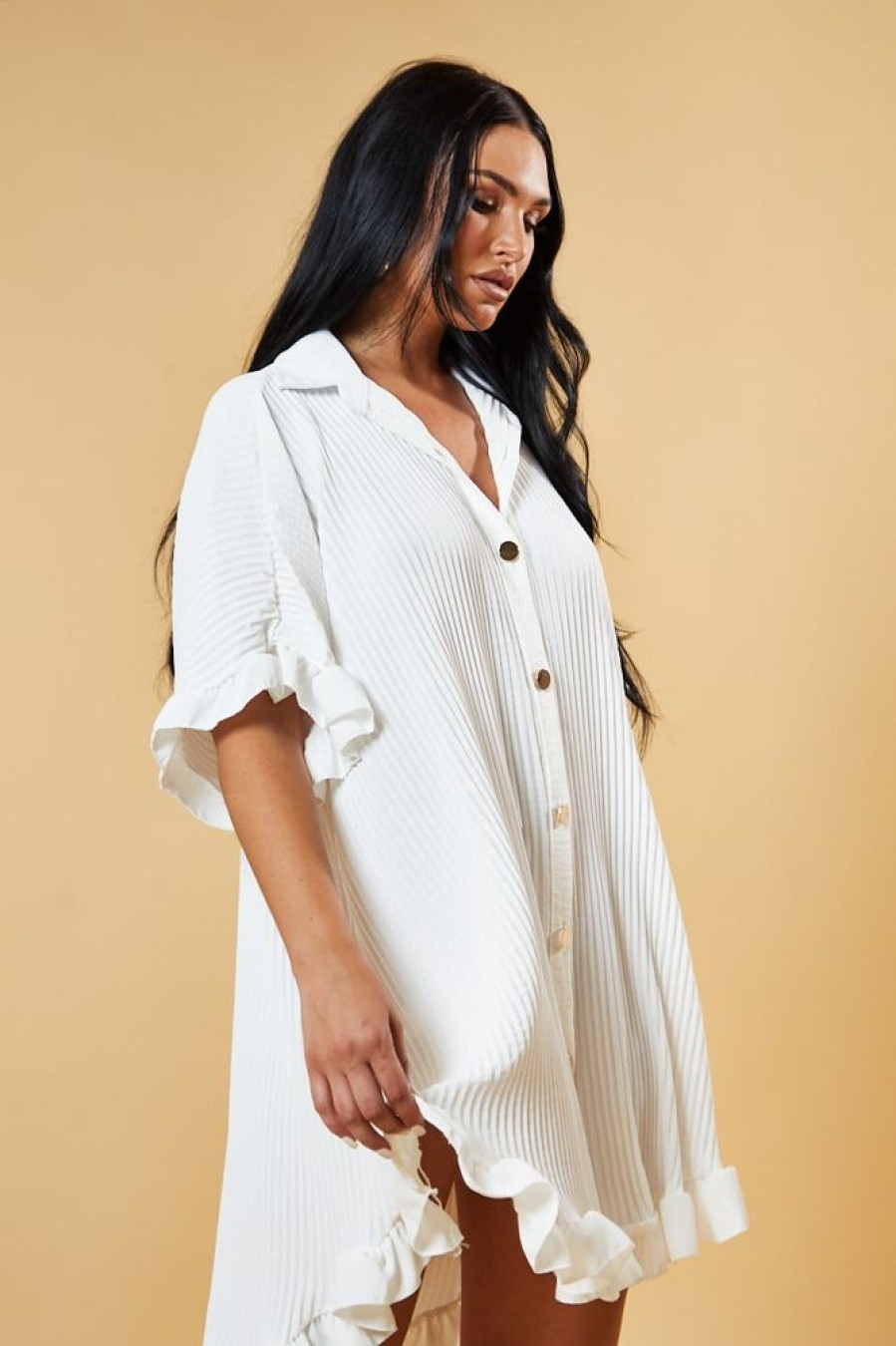 Clothing Rebellious Fashion | White Pleat Detail Frill Sleeve Oversized Dress - Sana