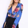 Clothing Rebellious Fashion | Blue Flower Print Plunge Satin Bodysuit - Madelynn