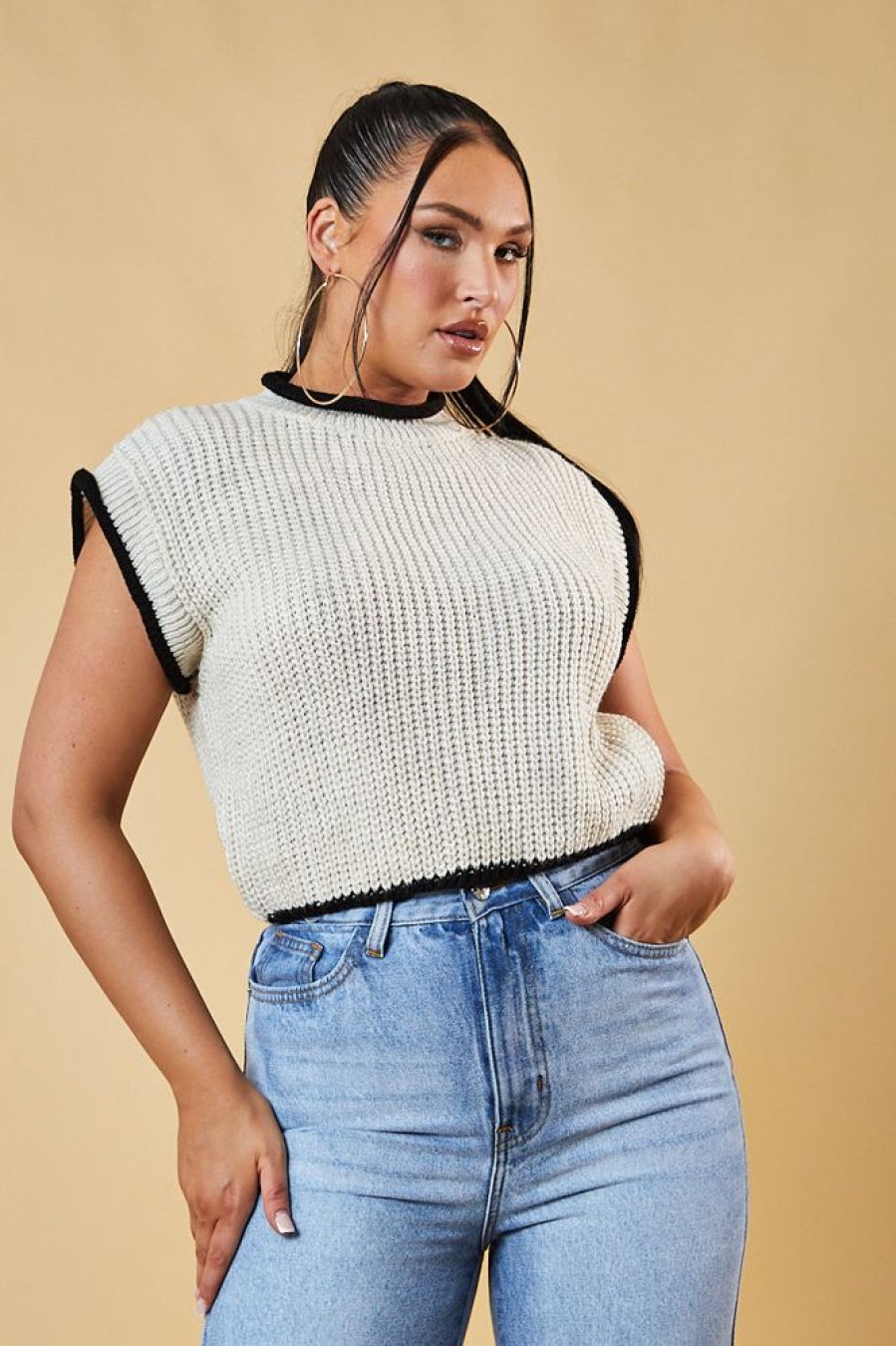 Clothing Rebellious Fashion | Beige Knitted Contrast Edge Cropped Top - Bethany