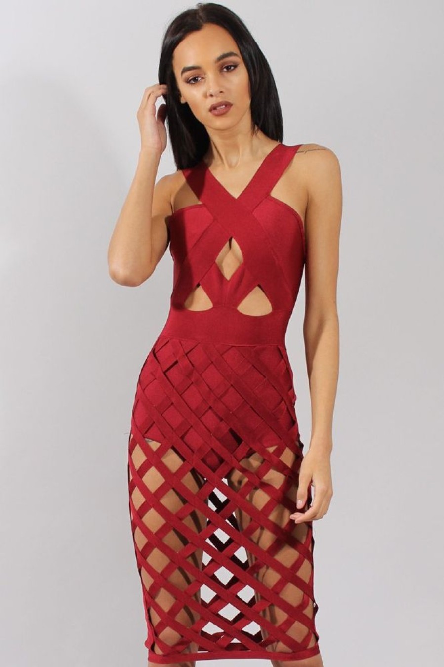 Clothing Rebellious Fashion | Wine Cage Bandage Dress - Amra